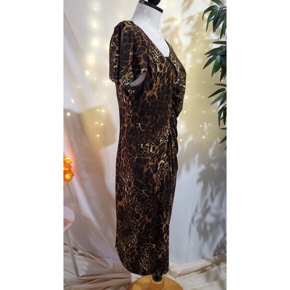 David Meister Leopard Print Side Ruched Flutter Sleeve Midi Dress Womens Size 12 - Picture 3 of 12